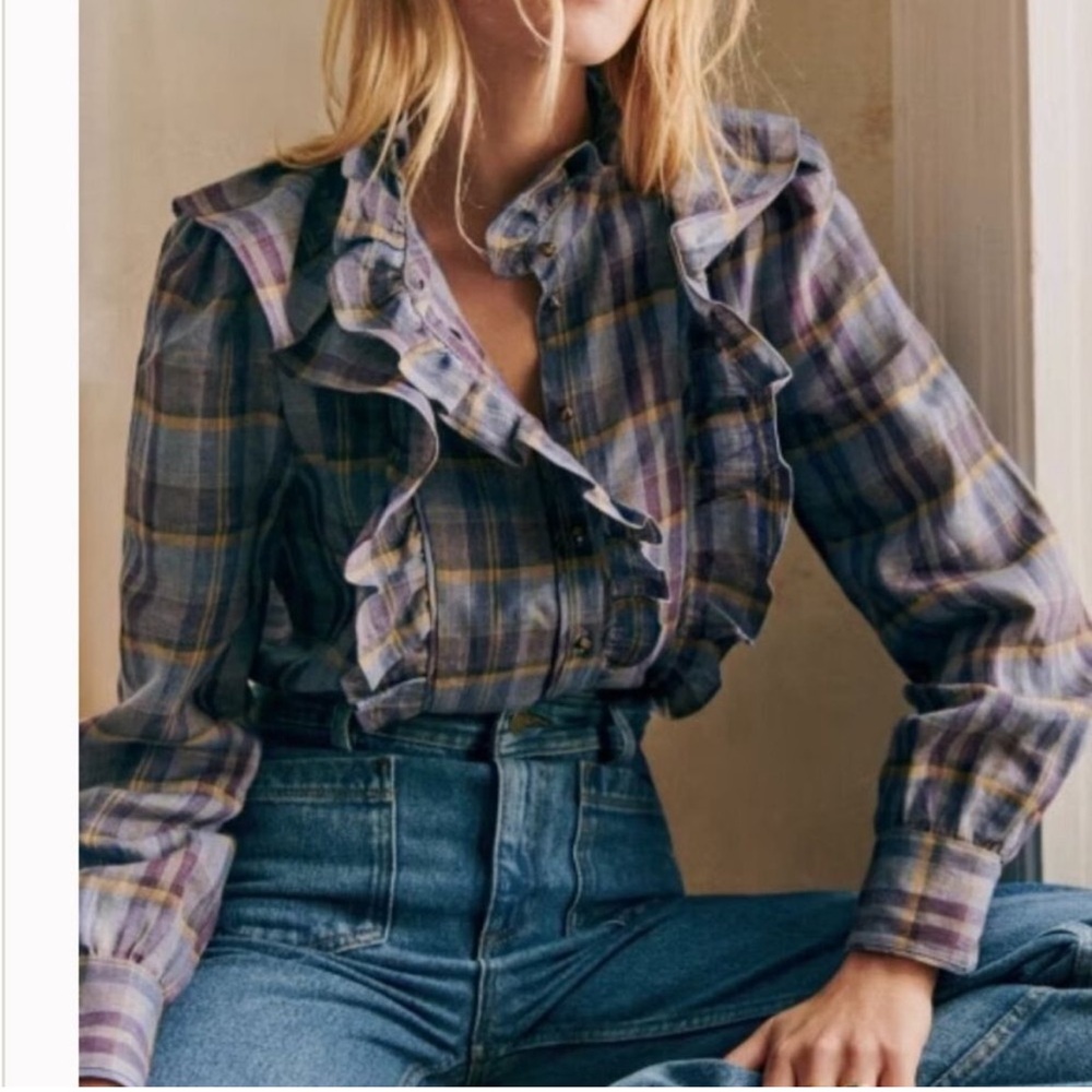Sezane Purple Plaid Ruffle Blouse